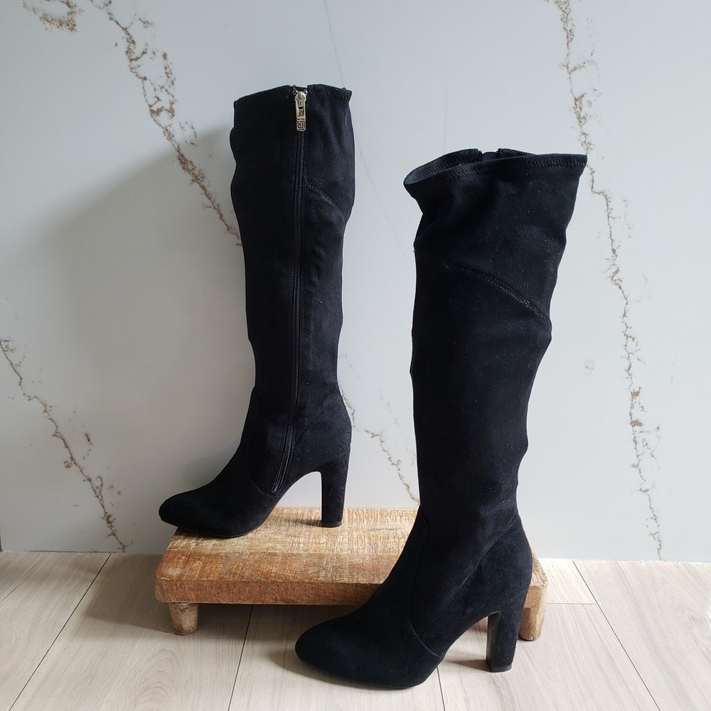 Liz Claiborne Knee High Boots Womens 7.5 Black Faux Suede Block Heel Zip Up